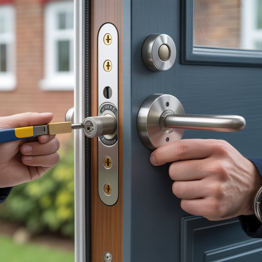 BS3621 British Standard mortice deadlock with visible Kitemark installed on a timber door in Andover.