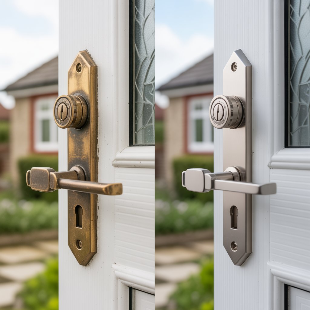 Professional locksmith fitting a TS007 3-star anti-snap euro cylinder lock upgrade on a composite front door in Andover.