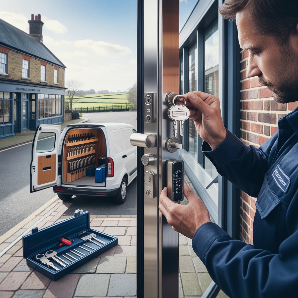 Locksmith Wherwell 1 DBS-checked locksmith performing non-destructive lock picking on a wooden door of a traditional cottage on Wherwell High Street.
