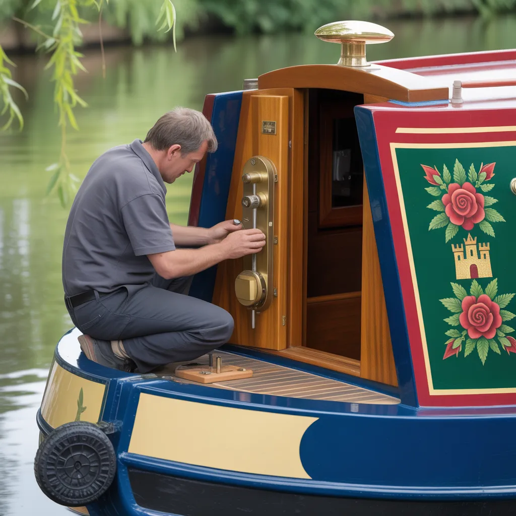 A locksmith fitting a specialized internal lock to a narrowboat stern door